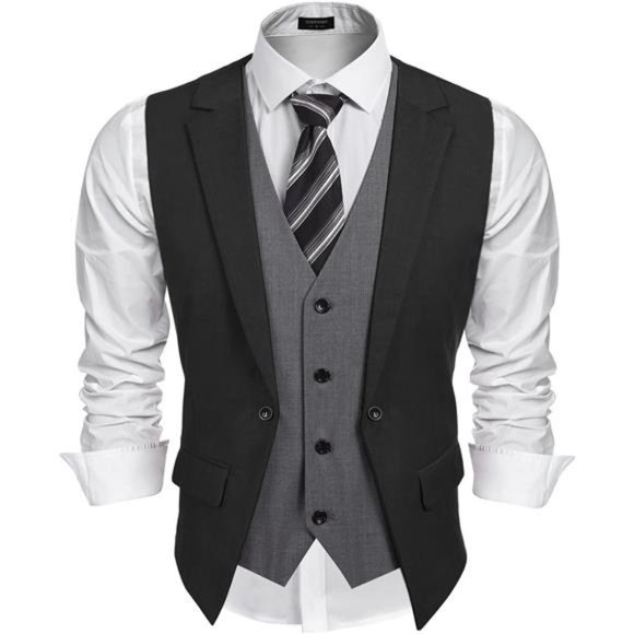 Men's Formal Vest Layered Waistcoat Dress Suit Vests Black